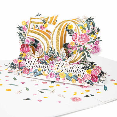 Zum 50. Geburtstag mit Blumen Pop-Up Karte